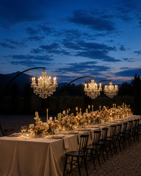 Candlelit wedding dinner with hanging chandeliers