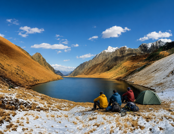 Three hikers resting beside their tent on the shore of black rock lake