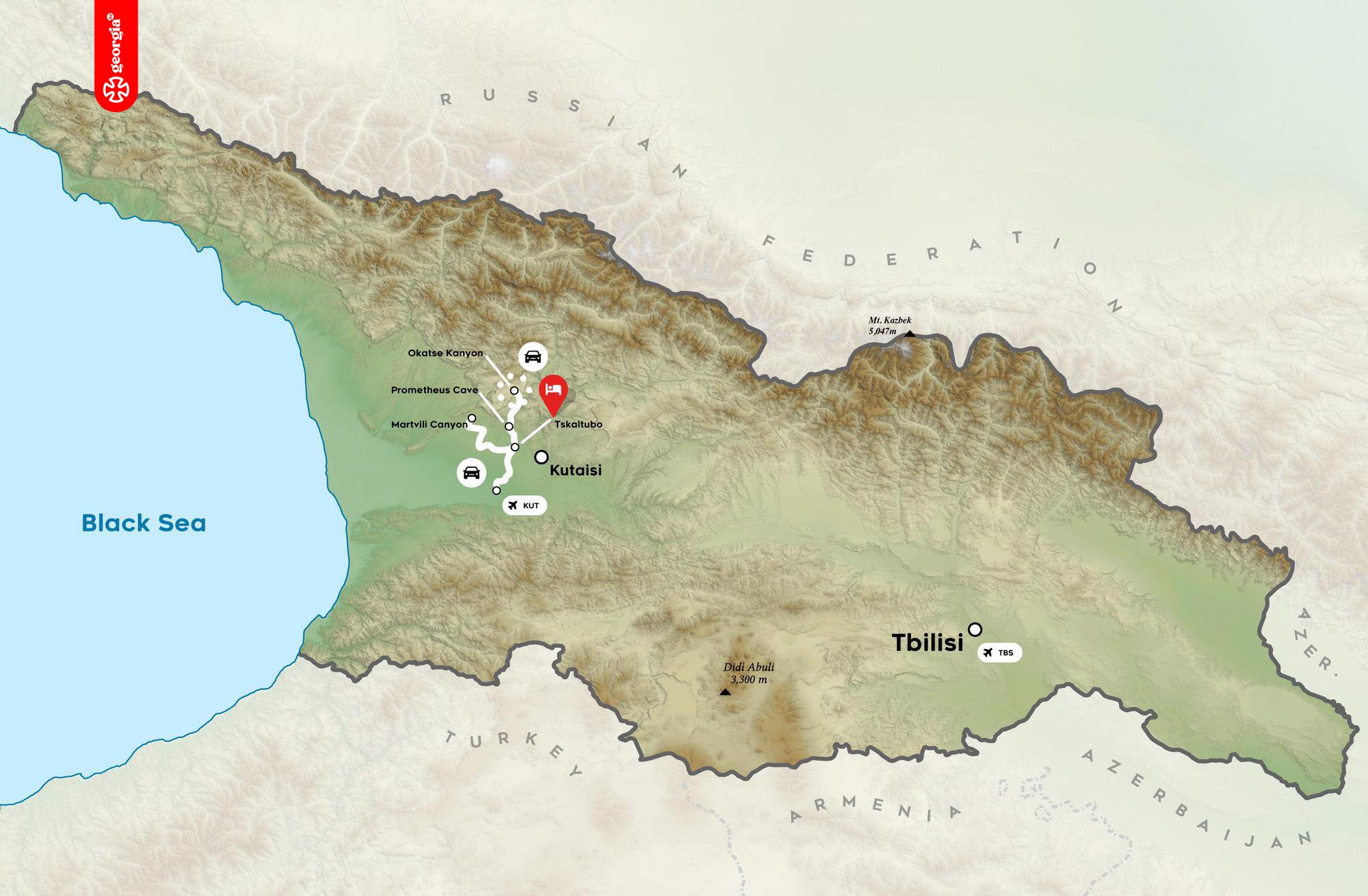 Mapa del Retiro de Bienestar de Georgia que muestra Tskaltubo, Kutaisi y atracciones naturales cercanas