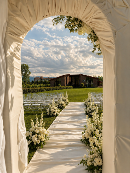White floral wedding aisle at a vineyard venue