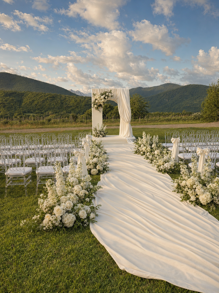 Outdoor wedding ceremony setup overlooking the mountains