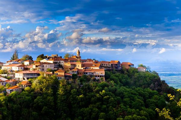 Sighnaghi Town in Summer Against the Caucasus Mountains