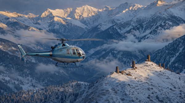 A private helicopter crosses the wild landscapes of Tusheti