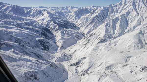 Aerial view of Tusheti’s snow-covered valleys