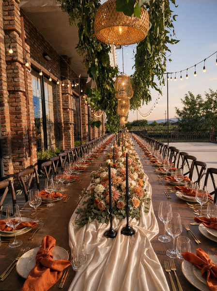 Long wedding table with floral and candle decorations