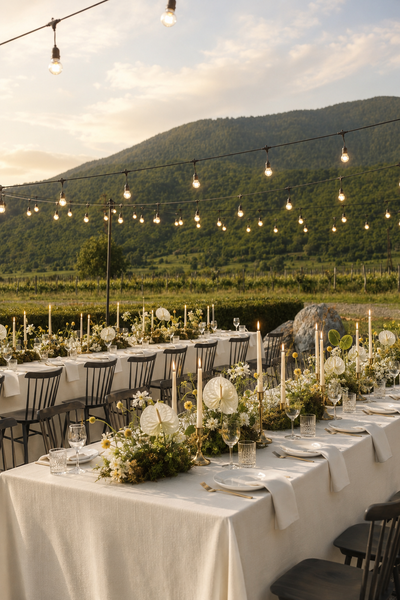 Outdoor wedding reception with mountain views