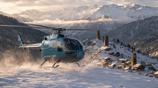 A helicopter touches down beside the medieval towers of Tusheti