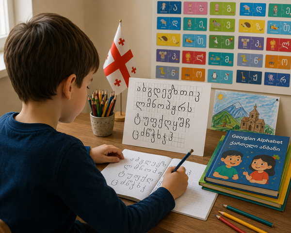Boy learning georgian alphabet