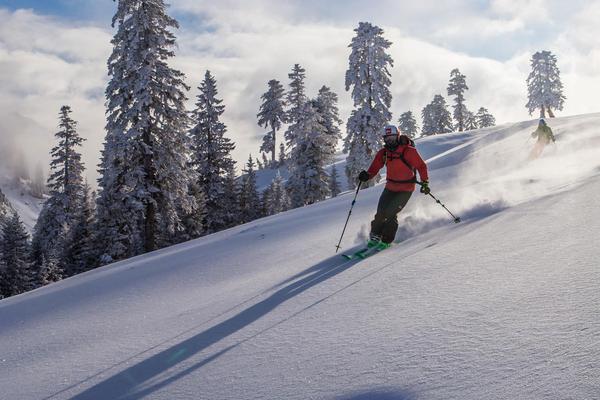 Freeride skiing through fresh powder in Goderdzi, Georgia